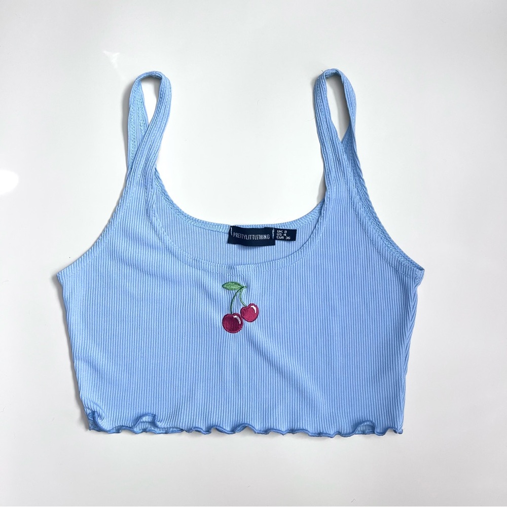 Pretty Little Thing Blue Cherry Embroidered Crop Top